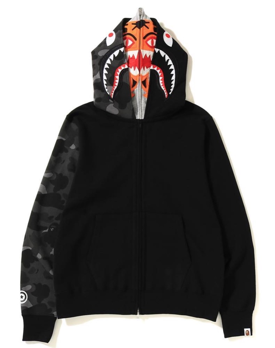 color camo tiger shark full zip double hoodie