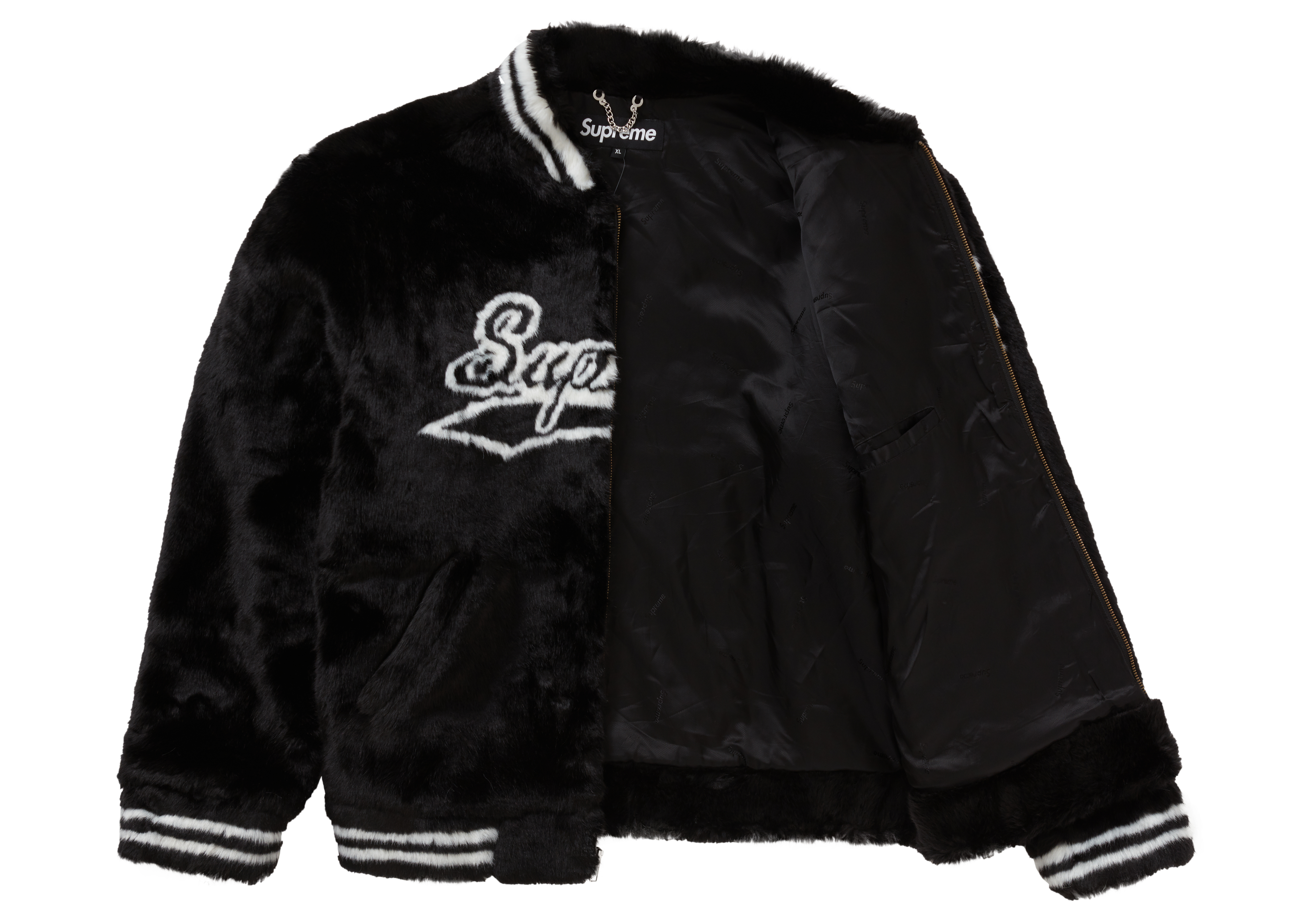 supreme faux fur varsity jacket black