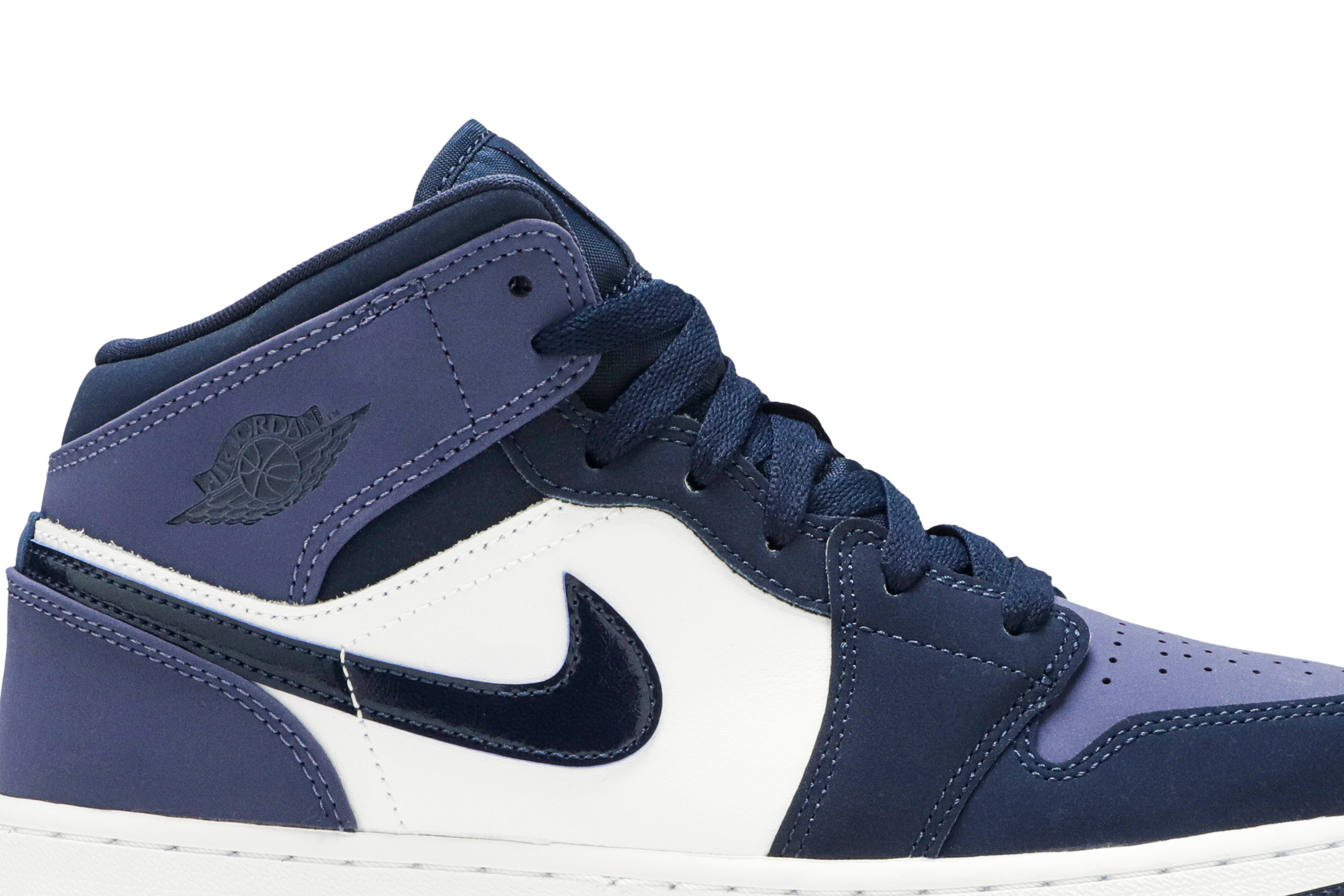 jordan 1 mid obsidian sanded purple on feet